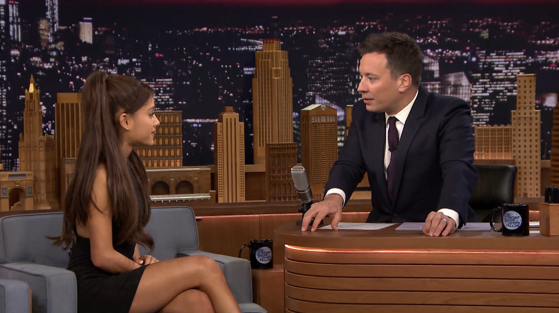 Jimmy Fallon interviews singer Ariana Grande on “The Tonight Show” in her first appearance on a talk show. From March 20, 2015. Photo source: NBC